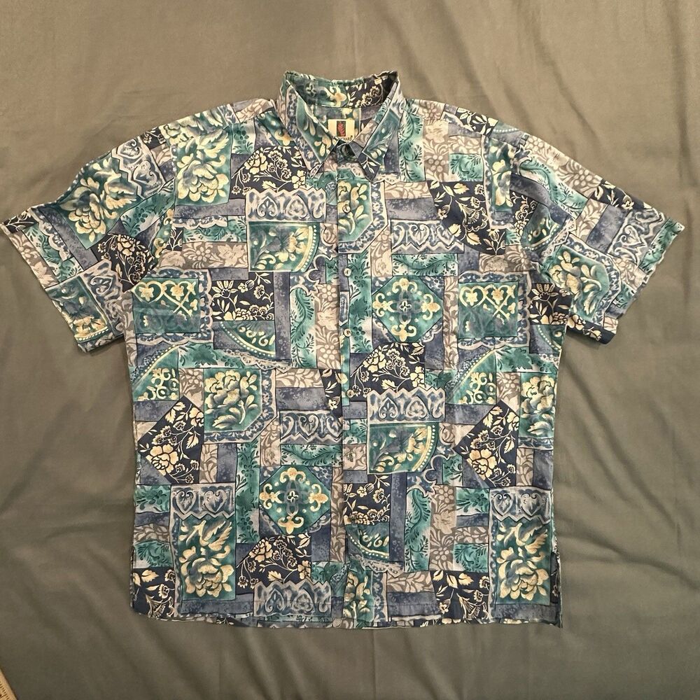 Vintage 90s Tori Richard Honolulu Cotton Lawn Hawaiian Shirt Geometric Made USA